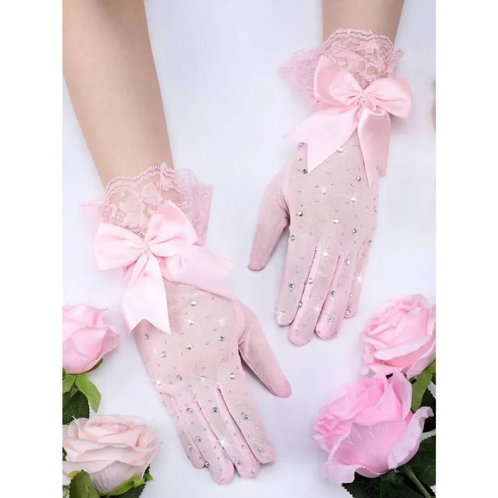 Women's Evening Rhinestones Pink Short Lace Bow Gloves Accessories Halloween